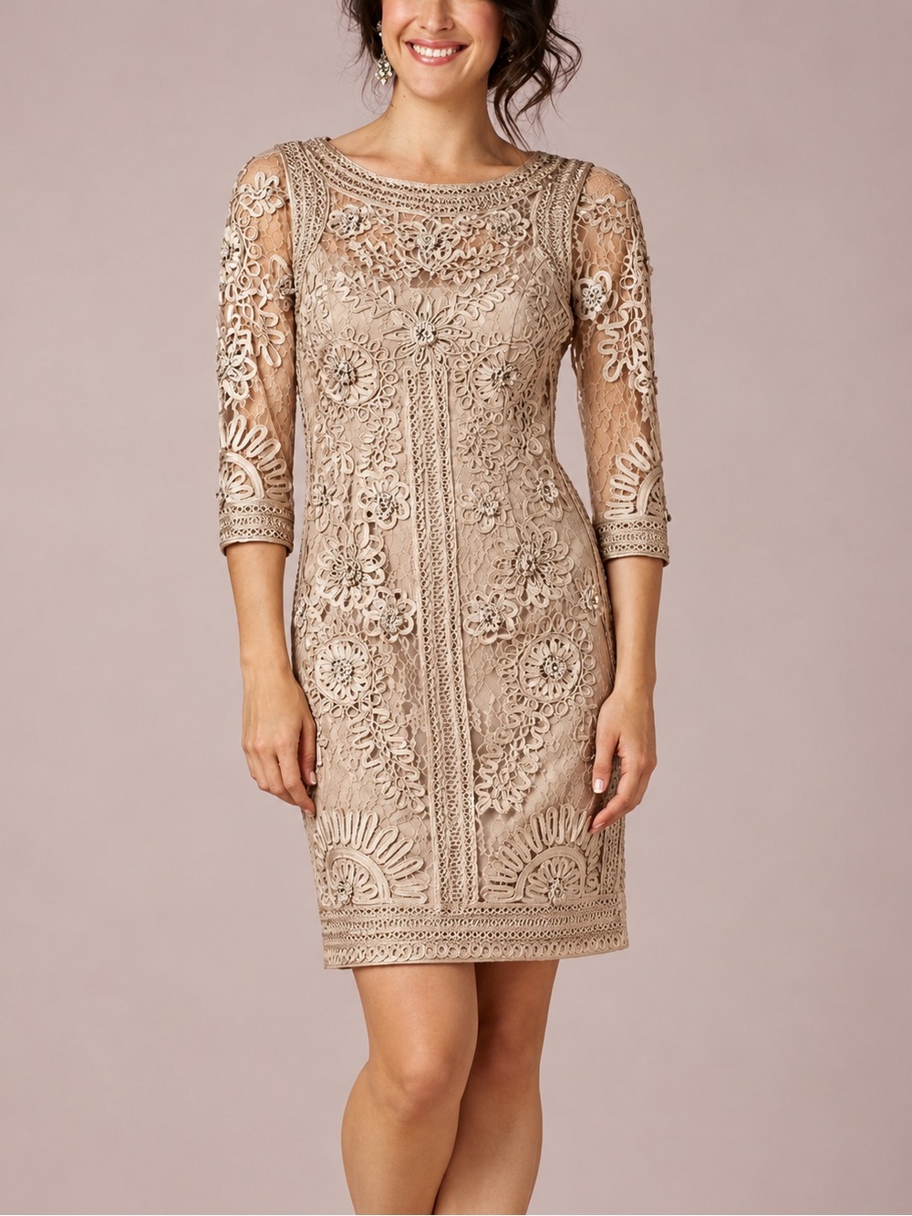 SUE WONG Nocturne Tan Soutache Lace Line Formal Cocktail Sheath Midi Dress Sz 4